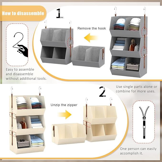 1 Pack,Hanging Closet Organizer 3 Tier,Disassemblable Clothes Hanging Shelves,Space-Saving Closet System, Fabric Storage Bins