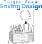 Masirs Clear Makeup Organizer with Mirror – 16-Compartment Cosmetic and Jewelry Holder, 4-Drawer Vanity Storage, Elegant Clea