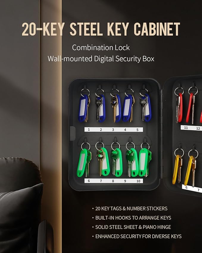 Uniclife 20 Position Key Cabinet with Combination Lock Resettable Black Digital Security Storage Box Steel Key Organizer with