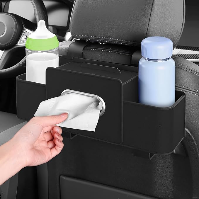 Car Back Seat Organizer with 1 Pack of 80 Tissues, Car Seat Back Tissue Box, and Storage Hook, Multi-Functional Organizer for Phone, Drinks, Handbag, Garbage Bags, Fits Most Car Models