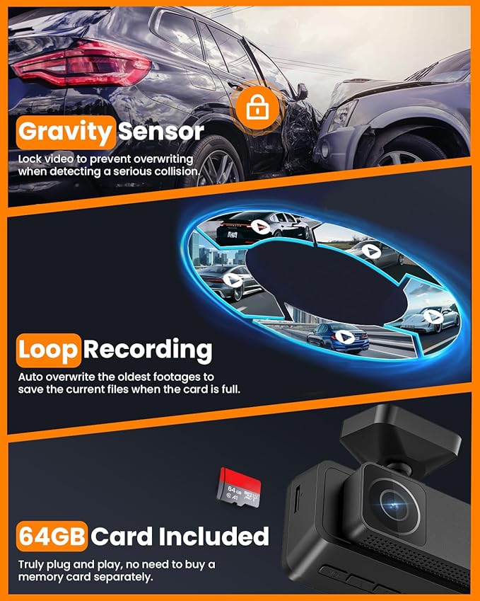 4K 3 Channel Dash Cam, 2160P+1080P+1080P Front and Rear Inside Car Camera with 64GB Card, WiFi Built-in GPS, 3“ IPS Screen, I