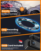 4K 3 Channel Dash Cam, 2160P+1080P+1080P Front and Rear Inside Car Camera with 64GB Card, WiFi Built-in GPS, 3“ IPS Screen, I