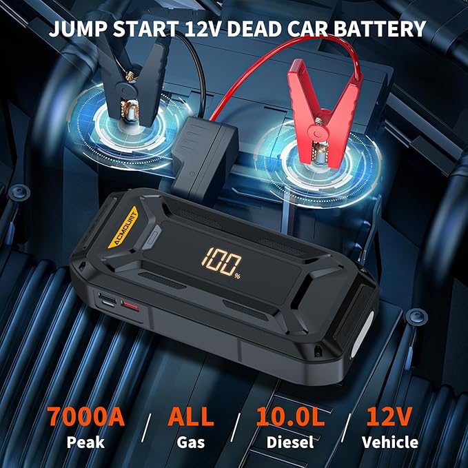 Acmount P120 Car Battery Jump Starter Portable, 7000A 12V Car Jumper Starter with Jump Box (All Gas/10.0L Diesel), LCD