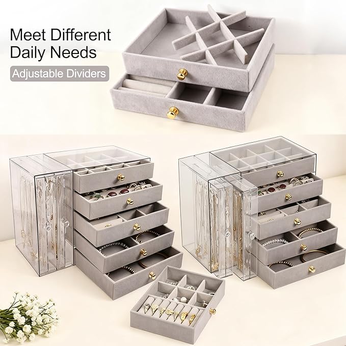 Greenfeather Jewelry Organizer with 7 Removable Drawers, Clear Acrylic Jewelry Box with 16 Necklace Hooks, 48 Pairs of Earrin