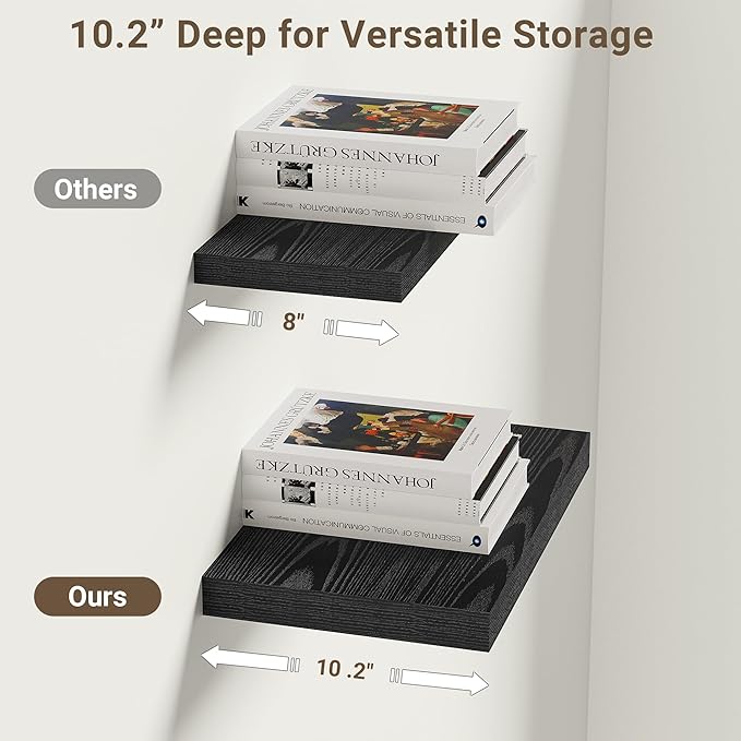 Vivelove 10.2 Inches Floating Shelves Wall Mounted, 10" Deep Wall Shelves for Bedroom, Bathroom, Living Room, Kitchen, Office
