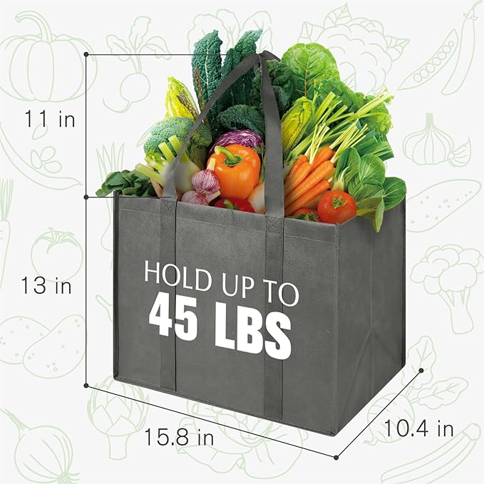 LadyRosian Reusable Grocery Bags Extra Large Foldable Shopping Bags 10 Pack Heavy Duty Kitchen Tote Bags with Handle Can Hold 45+lbs, Stands Upright, Foldable & Washable (Grey)