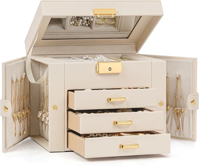 TORIBIO Jewelry Box for Women, Leather Jewelry Organizer with Mirror & Lock, 4-Tier Jewelry Storage Organizer with 3 Drawers 