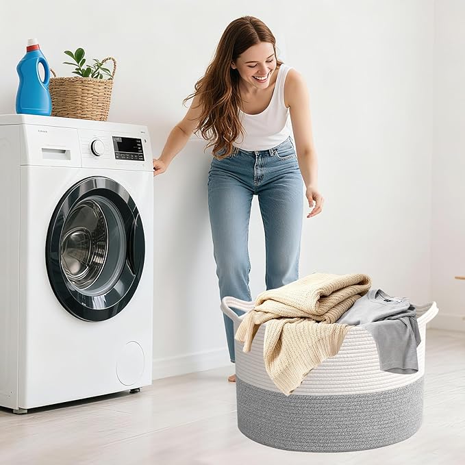 65L Large Woven Cotton Rope Blanket Basket with Handles, Laundry Hamper Storage Bin for Pillows, Comforters,Clothes, Bedroom 