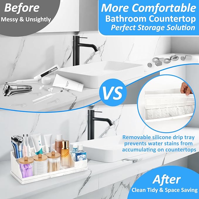Bathroom Counter Organizer, White Silicone Toothbrush Holders for Bathrooms Organizer Countertop with 3PCS Qtip Holder, Tooth
