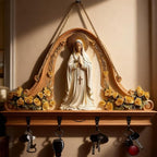 2D Flat Virgin Mary Praying Wall Art Keychain Holder, Rustic Wooden Key Rack with 4 Metal Hooks, Farmhouse Religious Decor fo