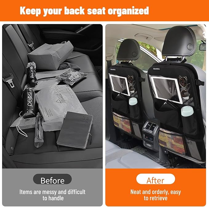 2 Pack Car Backseat Organizer with Foldable Table Tray, 12 Storage Pockets Kick Mats Protector Tablet Holder for Family Travel (Black)