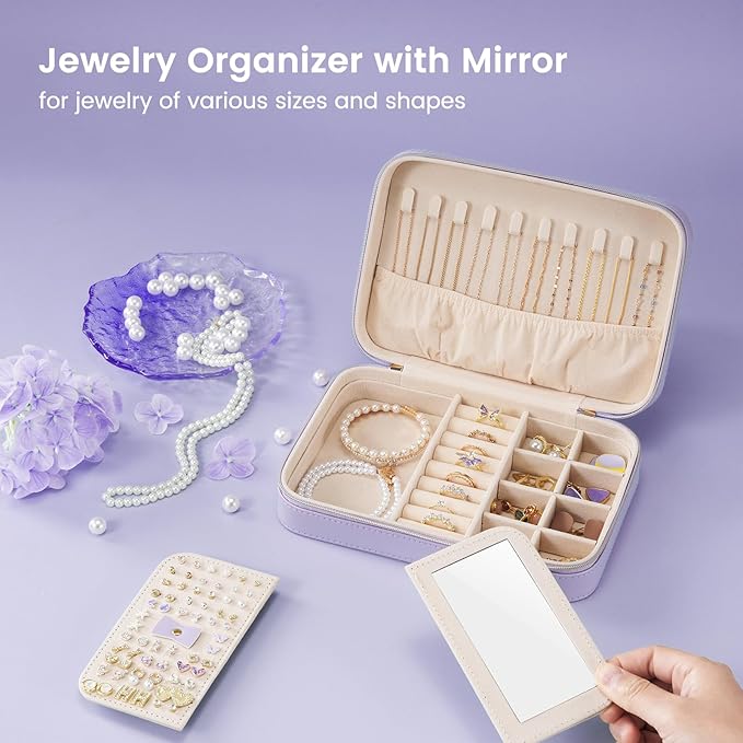 Lolalet Travel Jewelry Case for Women Girls, Travel Jewelry Organizer Box with Mirror & Clear Storage Bag, Small Portable Ear