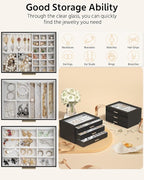 AKOZLIN Jewelry Box with Clear Lid Functional Leather Jewelry Storage Organizer Case 3 Drawers for Women Girls Necklace Ring 