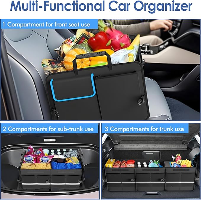 MEI&CO Car Trunk Organizer - 2.5mm PP Board Built, 35L Leakproof Cooler, 105L Capacity, 2 Tie-Down Straps, 4 Adjustable Divide