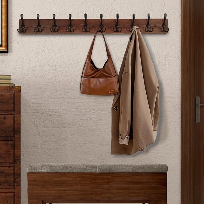 Large Coat Rack Wall Mount 38.6'' Rustic Wood Coat Rack Hook Long Coat Hooks Wall Mount Farmhouse Wall Hooks for Hanging Coat