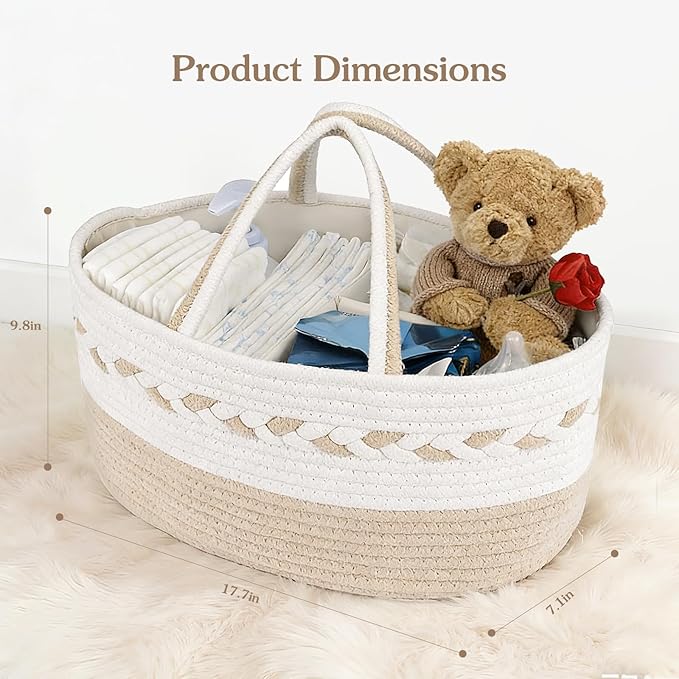 Diaper caddy Organizer, Cotton Rope Gift Basket with Removable Divider, Nursery Storage Organizer for Baby Essentials, Changi