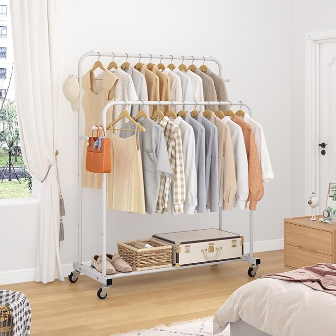 Laiensia Double Rods Garment Rack with Wheels, Clothing Rack for Hanging Clothes,4 Hooks, Multi-functional Bedroom Clothes Ra