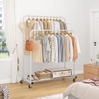 Laiensia Double Rods Garment Rack with Wheels, Clothing Rack for Hanging Clothes,4 Hooks, Multi-functional Bedroom Clothes Ra