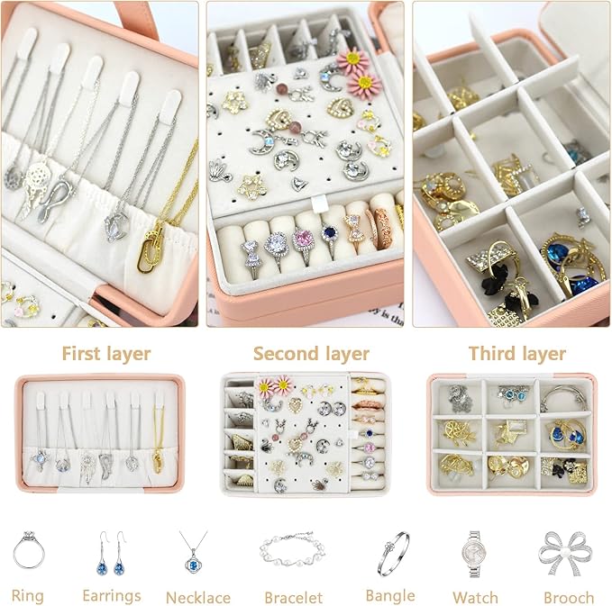 KOOAAICCHI Small Jewelry Box, Travel Jewelry Organizer, Portable Jewelry boxes for Women Girls Gift, Double Layers PU Leather
