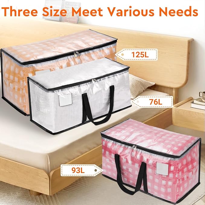 BlissTotes Clear Moving Bags Heavy Duty, 93L Extra Large Storage Bags with Zipper & Reinforced Handles, Waterproof PP Moving 