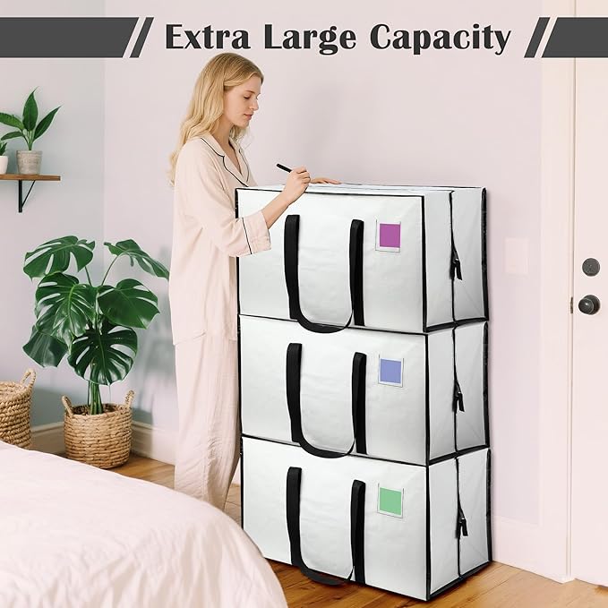 6 Pack Moving Bags with Full-Open Side Zipper, Extra Large 93L Heavy Duty Waterproof Foldable Storage Totes for College Dorm,