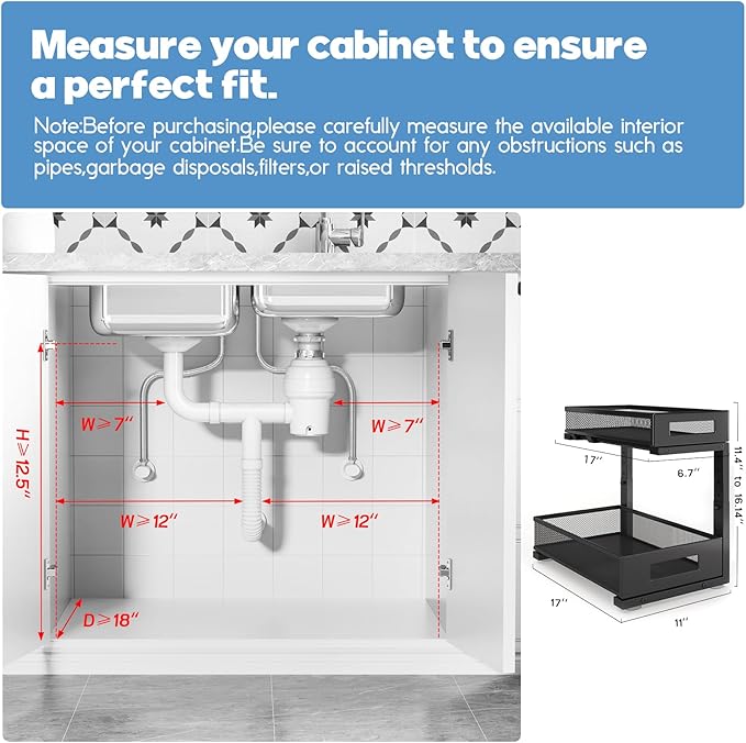 2 Pack 17IN Depth Under Sink Storage Organizer, Large 2-Tier Elegant Mesh Pull Out Shelf for Kitchen and Bathroom Cabinet Org