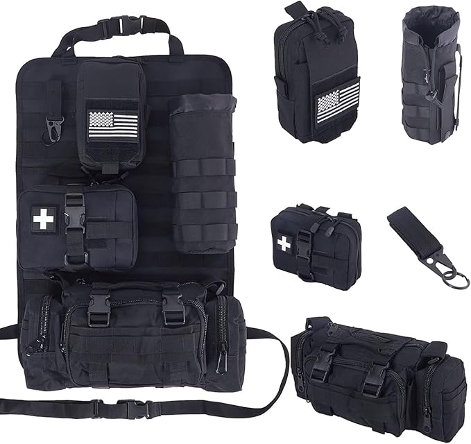 Universal Tactical Car Seat Back Organizer Bag Tactical Molle Vehicle Organizers Panel Vehicle Protector Organizers with 4 Detachable Pouches for Car Truck Ford Jeep Vehicle (Black)