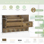 VIS'V Key Holder Wall Mount, Wooden Mail and Key Organizer with Drawer and Shelf, 2 Slots, 6 Hooks, Brown