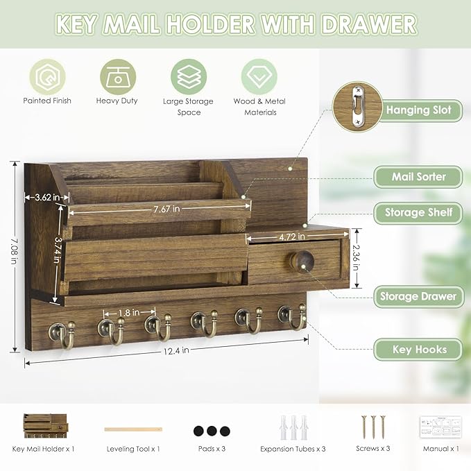 VIS'V Key Holder Wall Mount, Wooden Mail and Key Organizer with Drawer and Shelf, 2 Slots, 6 Hooks, Brown