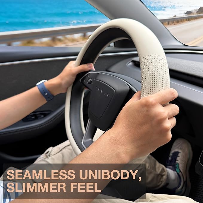 PINCTROT Nappa Leather Steering Wheel Cover for Tesla Model Y/3 Highland/Juniper, D Shaped 14 Inch Small Sized with Breathabl