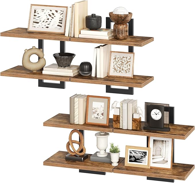HOOBRO Floating Shelves, 15 Inch Wall Shelf Set of 4, Wall Mounted Storage Shelves 2-Tier, Hanging Bathroom Shelves, for Livi