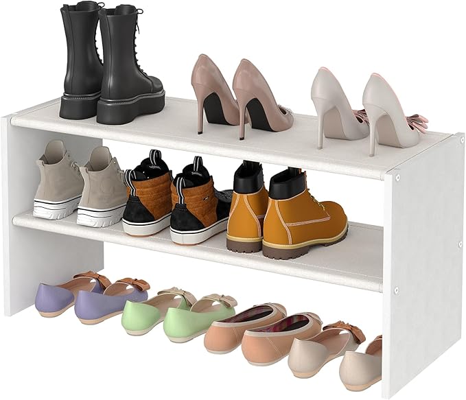 2 Tier Small White Shoe Rack For Closet, Stackable Shoe Shelf Organizer for 9 -12 Pairs of Shoes, Small Shoe Storage Organize