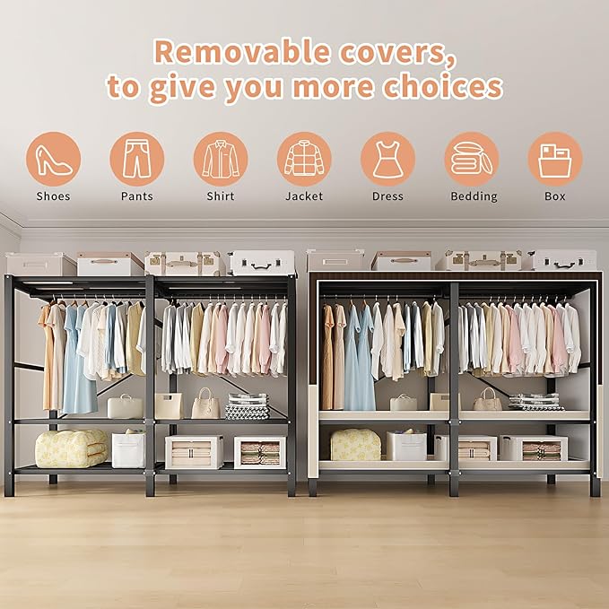 Heavy Duty Clothes Rack with Cover, Portable Wardrobe Closet with Magnetic Door & Black Steel Frame, Foldable Freestanding Ga