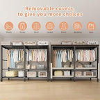 Heavy Duty Clothes Rack with Cover, Portable Wardrobe Closet with Magnetic Door & Black Steel Frame, Foldable Freestanding Ga