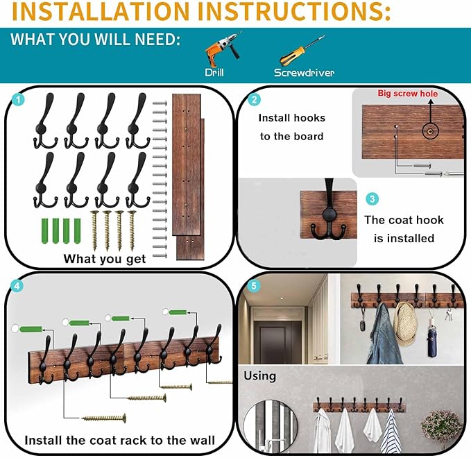Coat Rack Wall Mount 31.5'' Coat Hanger Wall Mount Burnt Brown Coat Hooks for Wall Rustic Towel Racks for Bathroom Living Roo