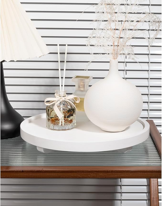 Round Decorative Tray Wood Bathroom Counter Organizer Farmhouse Kitchen Decor Wooden Riser for Soap Dish, Perfume, Candle, Sp