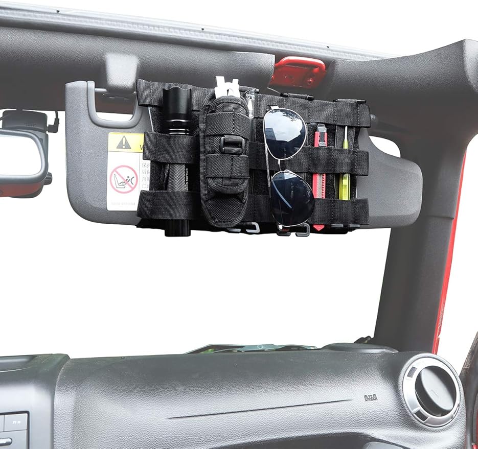 Savadicar Tactical Sun Visor Organizer Front Visor Storage Cover for 2007-2023 Jeep Wrangler JK JL & Gladiator JT, Interior Storage Accessories, Black, 1 PCS