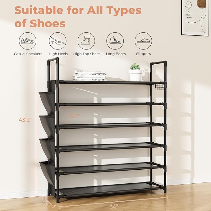 LANTEFUL 6 Tier Shoe Rack, Shoe Organizer Storage for 24-30 Pairs Shoe and Boot, Long Shoe Shelf with Hook and Side Pocket Fr