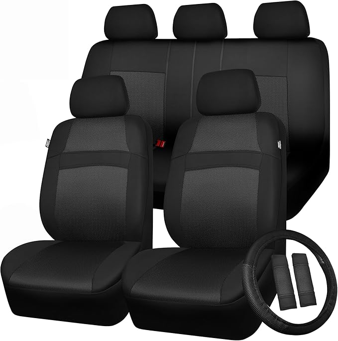 CAR PASS Universal 13PCS 3D Air Mesh Car Seat Covers -100% Breathable Seat Covers Full Sets Steering Wheel and Belt Cover Airbag and Rear Split Bench Compatible for Automotive SUV Truck (Pure Black)