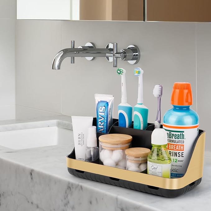 GFWARE Gold Toothbrush Holders for Bathrooms Countertop Organizer - Detachable 7 Slots Electric Toothbrush and Toothpaste Hol