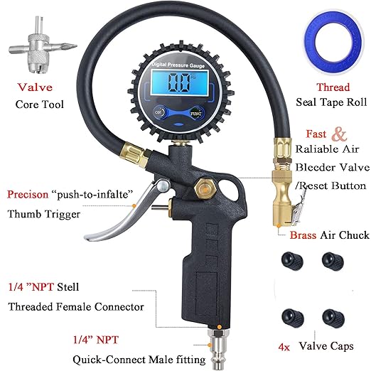 PINKJOY Digital Tire Pressure Gauge with Inflator, 250 PSI Air Chuck and Compressor Accessories Heavy Duty with Quick Connect Coupler, 0.1 Display Resolution for Car, SUV, Truck, Motorcycle, RV