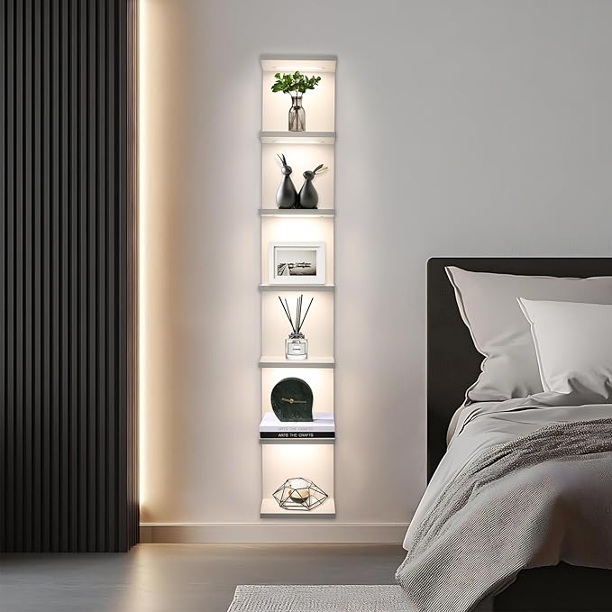 7 Tier Wall Shelves with Led Light, Lack Wall Shelf Unit, Vertical Shelf with Remonte Control,White Shelves
