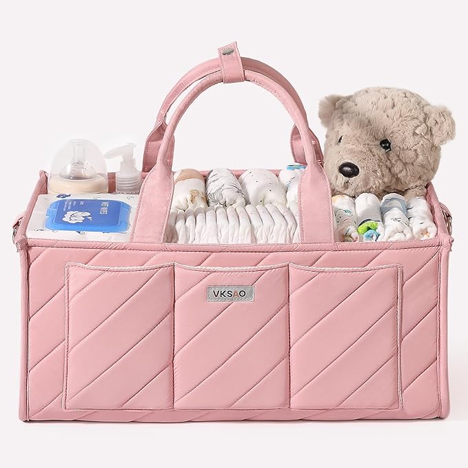 Pink Diaper Caddy Organizer – Portable Storage Basket with Shoulder Strap & Stroller Hooks, Splashproof Quilted Nursery & Car