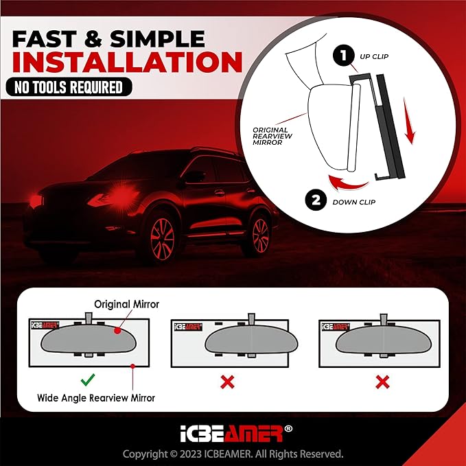 10.6" ICBEAMER Clip On Rear View Mirror | Flat Clear Tint Glass, Panoramic Wide Angle HD Glass, Anti Glare, Universal Fit for Car, SUV, Truck | Eliminates Blind Spots (1 Pack)