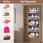 KYEVIS Over the Door Hat Organizer for Baseball Caps, Hold up to 60 Hats Rack Storage for Door/Closet/Wall, Clear Pockets Han