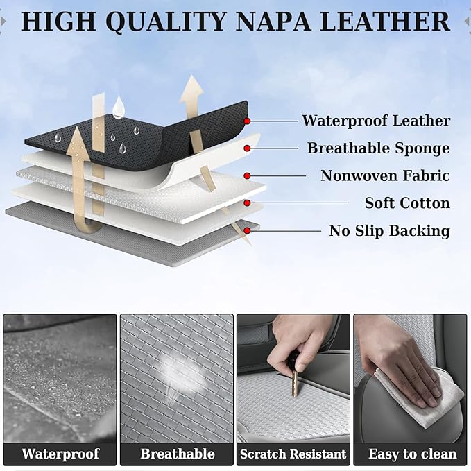 Coverado Car Seat Covers Full Set, Gray Seat Covers for Cars, Waterproof Nappa Leather Automotive Seat Covers with Lumbar Hea