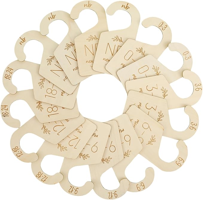 16Pcs Adorable Wooden Baby Closet Dividers, Double-Sided Clothes Size Organizer with Labels from Newborn to 24 Months, Cute N