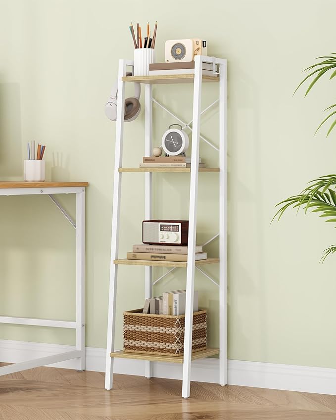 Hzuaneri Ladder Shelf, Bookshelf Bookcase, Freestanding Corner Storage Shelve with 2 Hooks for Home Office, Living Room, Kitc