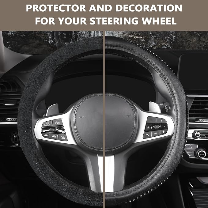 AUTOYOUTH Bling Steering Wheel Cover - Crystal Studded Rhinestone Non-Slip Breathable Design for Women/Girls, Universal Fit 1