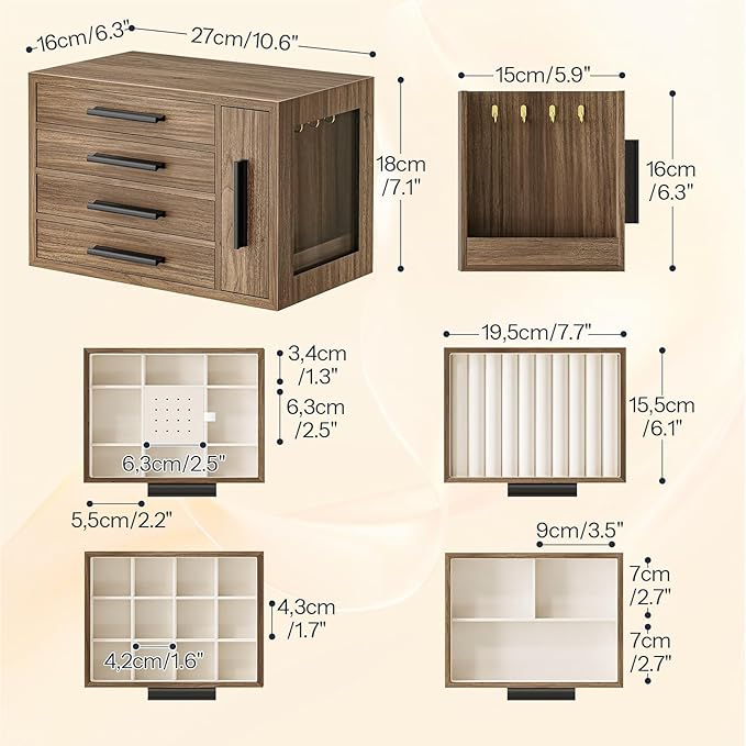 HOOBRO Jewelry Box for Women, Wooden Jewelry Organizer with Transparent Window, 4-Layer Jewelry Organizer Box, Jewelry Holder